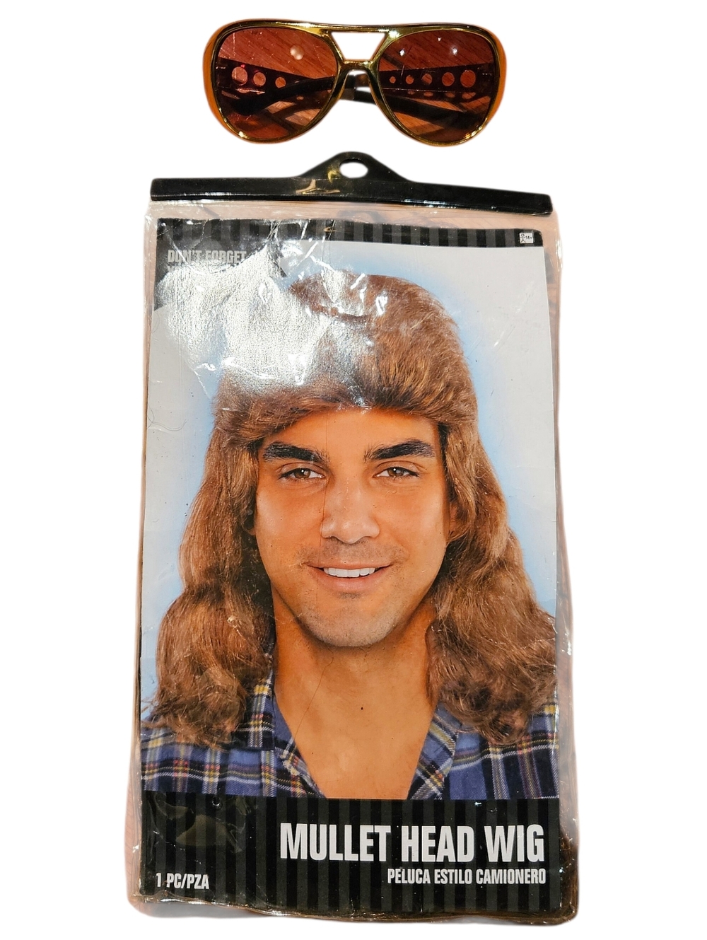 Mullet Head Wig & Disco 70's Gold Sunglasses Halloween Costume/ Accessories